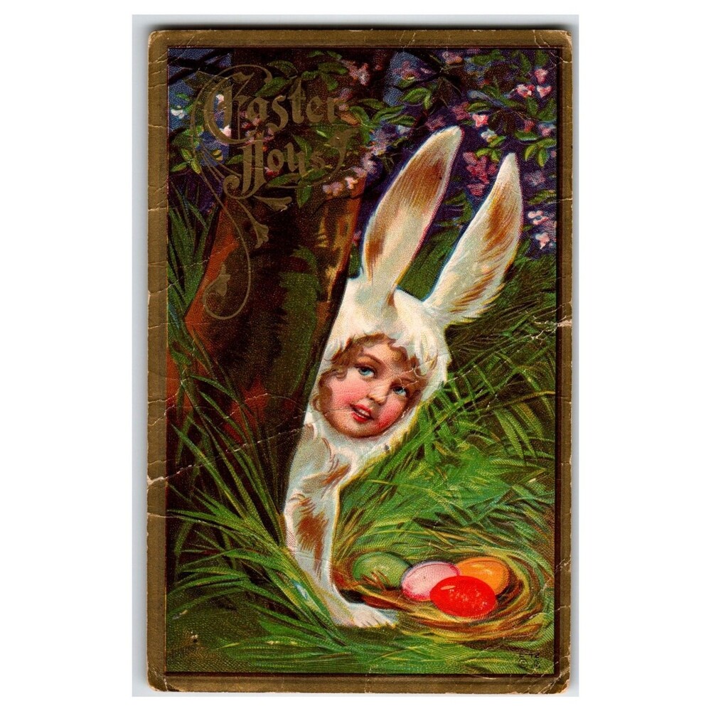 Easter Joys Postcard 1919 Child in Bunny Suit with Eggs Gloversville NY